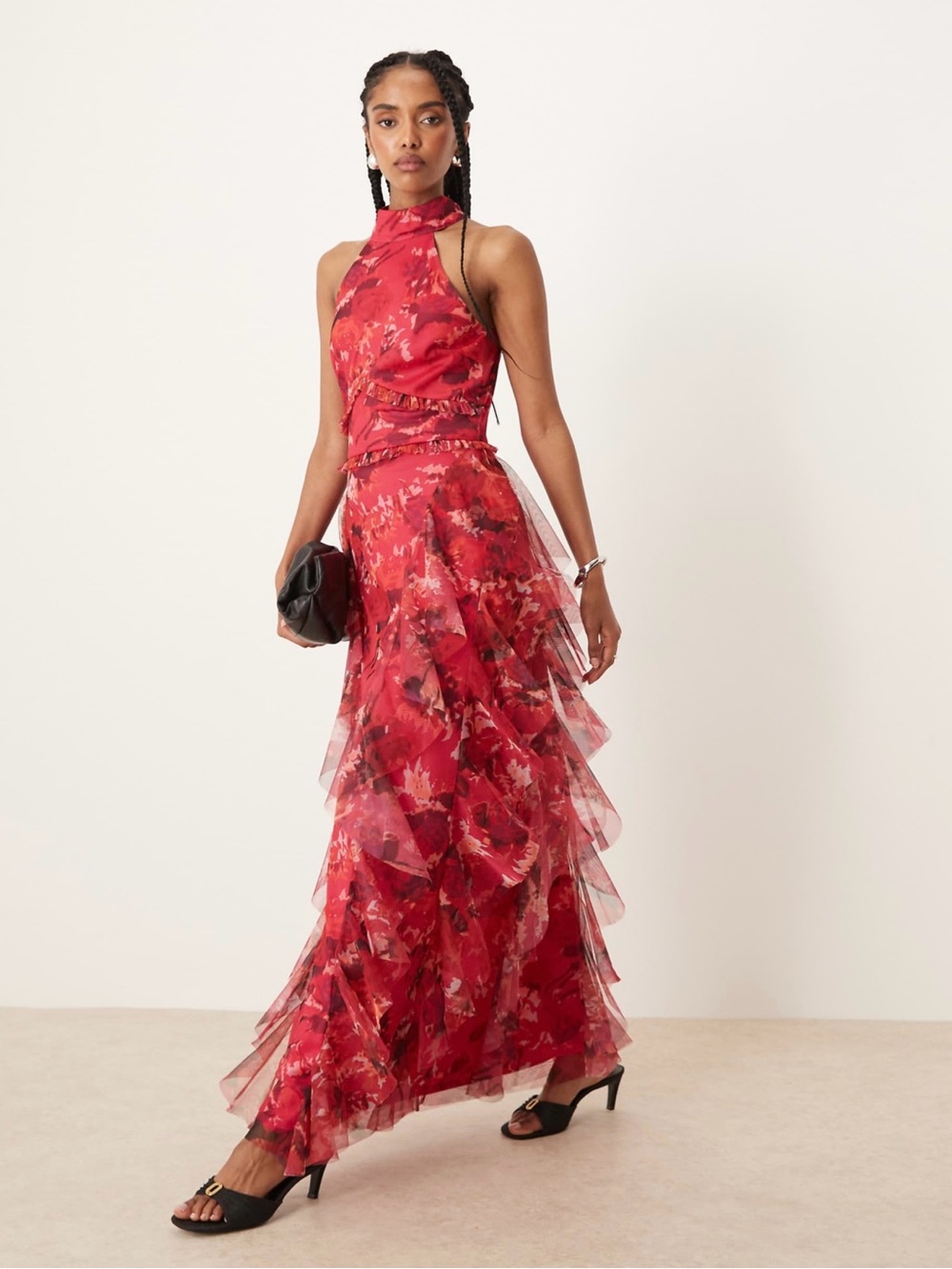 Lace & Beads Pink Floral Ruffle Halter Maxi Dress Size 12